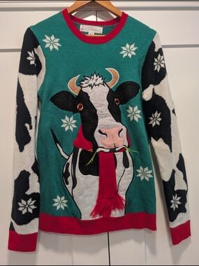 JOLLY SWEATERS Teal Cow Graphic Holiday Sweater with Red Accents Size Small